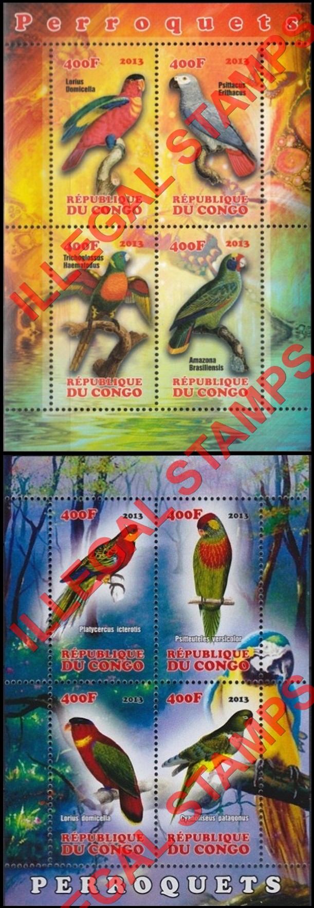 Congo Republic 2013 Parrots Illegal Stamp Souvenir Sheets of 4 Congo Republic 2013 Parrots Illegal Stamp Souvenir Sheets of 4